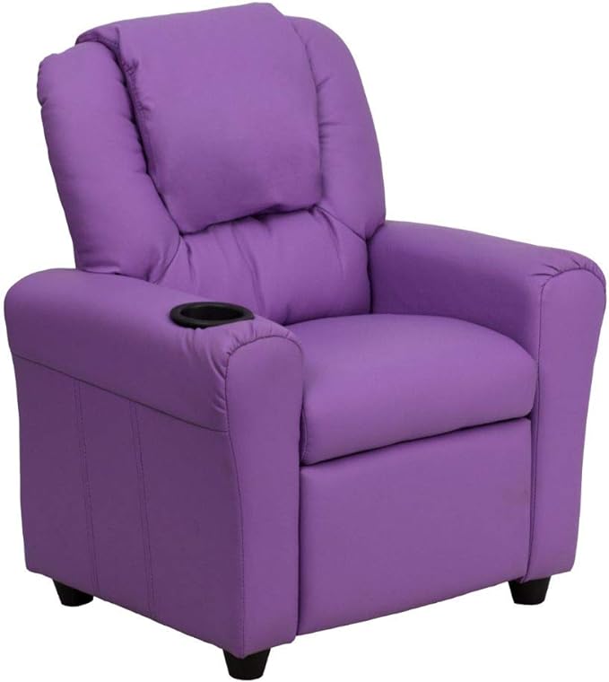 Flash Furniture Vana Vinyl Kids Recliner with Cup Holder, Headrest, and Safety Recline, Contemporary Reclining Chair for Kids, Supports up to 90 lbs., Lavender